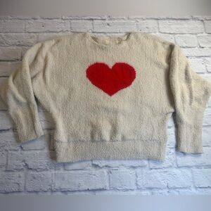 Cozy Cream Crewneck Sweater with Red Heart